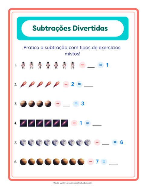 Pré-visualização da ficha de Subtração com Espaço para Educação infantil (pré-escola, 5-7 anos)