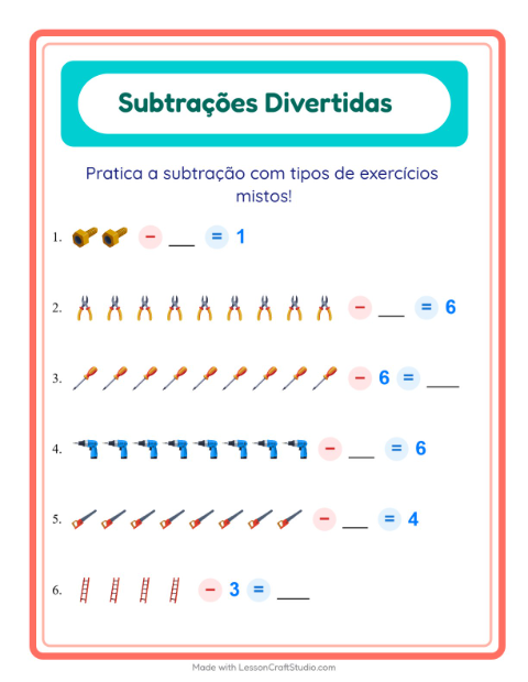 Pré-visualização da ficha de Subtração com Ferramentas para Educação infantil (pré-escola, 5-7 anos)