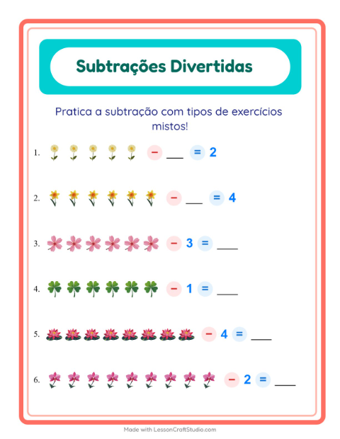 Pré-visualização da ficha de Subtração com Flores para Educação infantil (pré-escola, 5-7 anos)