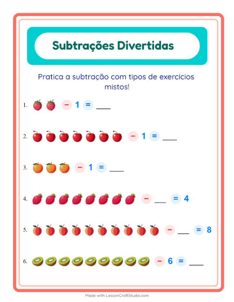 Pré-visualização da ficha de Subtração com Frutas para Educação infantil (pré-escola, 5-7 anos)