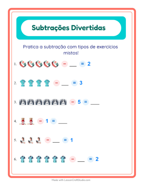 Pré-visualização da ficha de Subtração com Hospital para Educação infantil (pré-escola, 5-7 anos)