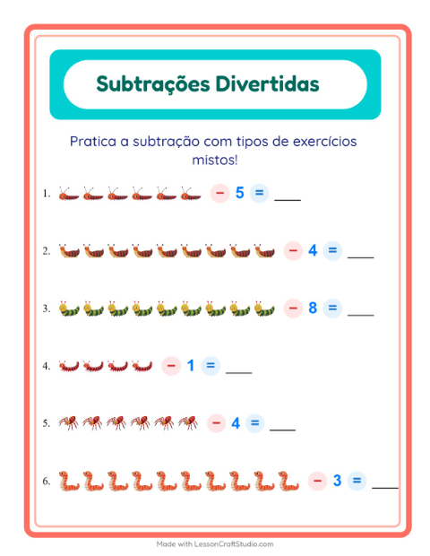 Pré-visualização da ficha de Subtração com Insetos e bichos para Educação infantil (pré-escola, 5-7 anos)