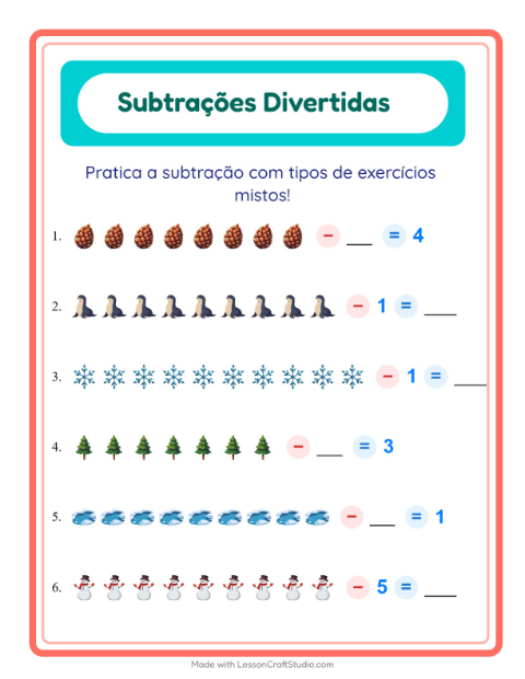 Pré-visualização da ficha de Subtração com Inverno para Educação infantil (pré-escola, 5-7 anos)