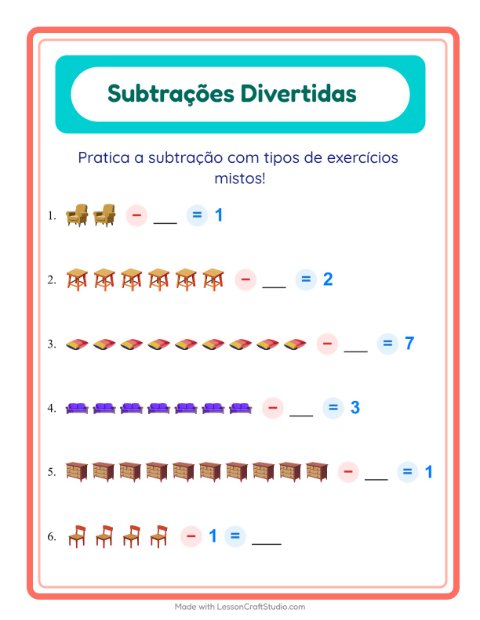 Pré-visualização da ficha de Subtração com Móveis para Educação infantil (pré-escola, 5-7 anos)