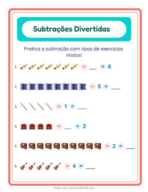 Pré-visualização da ficha de Subtração com Música para Educação infantil (pré-escola, 5-7 anos)