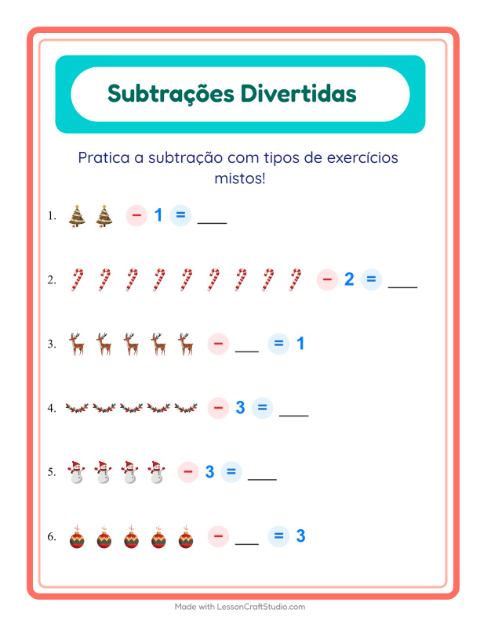 Pré-visualização da ficha de Subtração com Natal para Educação infantil (pré-escola, 5-7 anos)