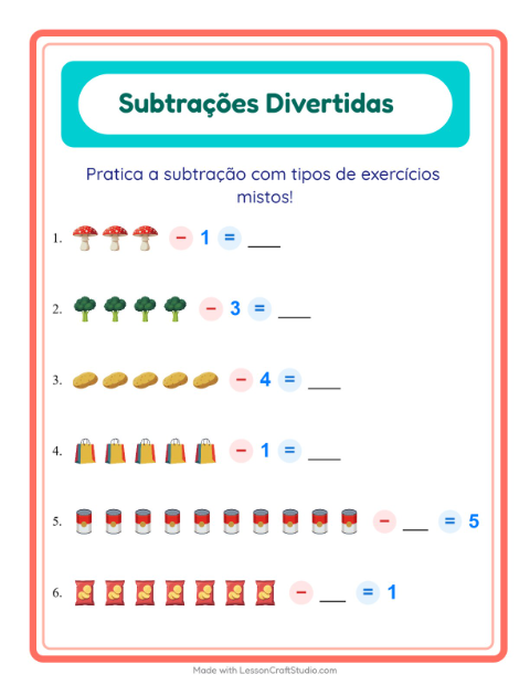 Pré-visualização da ficha de Subtração com No supermercado para Educação infantil (pré-escola, 5-7 anos)