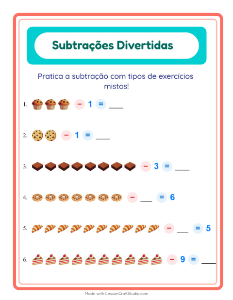 Pré-visualização da ficha de Subtração com Padaria para Educação infantil (pré-escola, 5-7 anos)