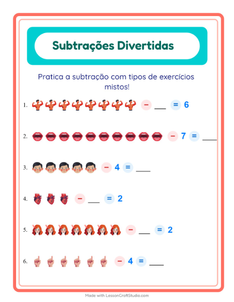 Pré-visualização da ficha de Subtração com Partes do corpo para Educação infantil (pré-escola, 5-7 anos)