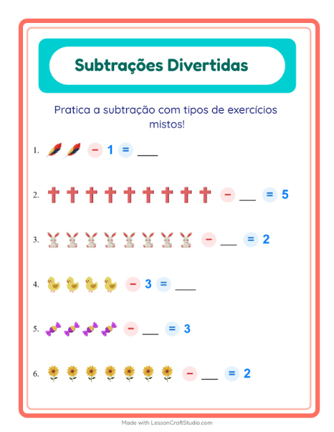 Pré-visualização da ficha de Subtração com Páscoa para Educação infantil (pré-escola, 5-7 anos)