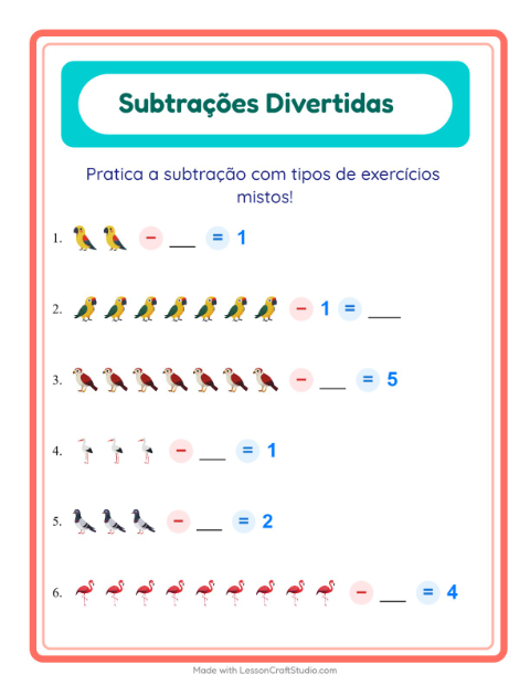 Pré-visualização da ficha de Subtração com Pássaros 2 para Educação infantil (pré-escola, 5-7 anos)