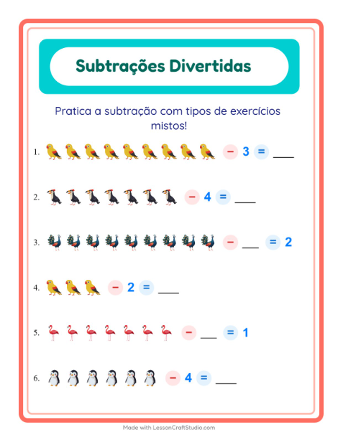 Pré-visualização da ficha de Subtração com Pássaros para Educação infantil (pré-escola, 5-7 anos)