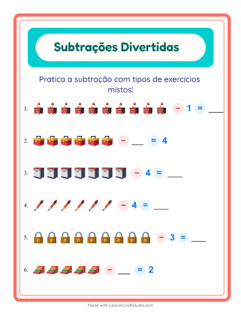 Pré-visualização da ficha de Subtração com Pela casa para Educação infantil (pré-escola, 5-7 anos)