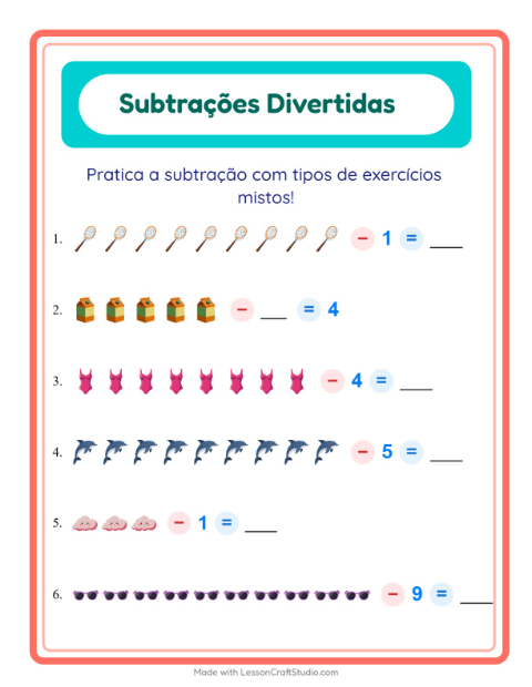 Pré-visualização da ficha de Subtração com Praia para Educação infantil (pré-escola, 5-7 anos)