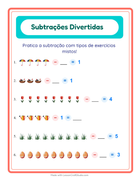 Pré-visualização da ficha de Subtração com Primavera para Educação infantil (pré-escola, 5-7 anos)