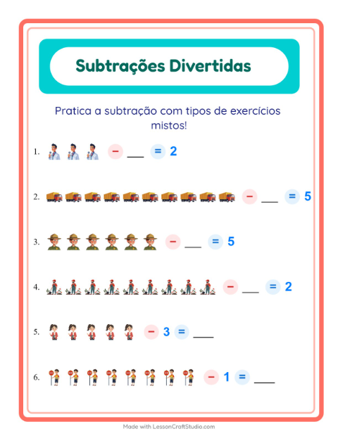 Pré-visualização da ficha de Subtração com Profissões para Educação infantil (pré-escola, 5-7 anos)