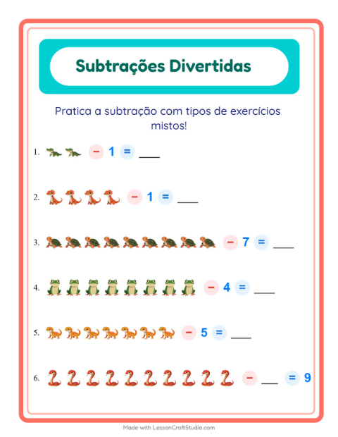 Pré-visualização da ficha de Subtração com Répteis e anfíbios para Educação infantil (pré-escola, 5-7 anos)