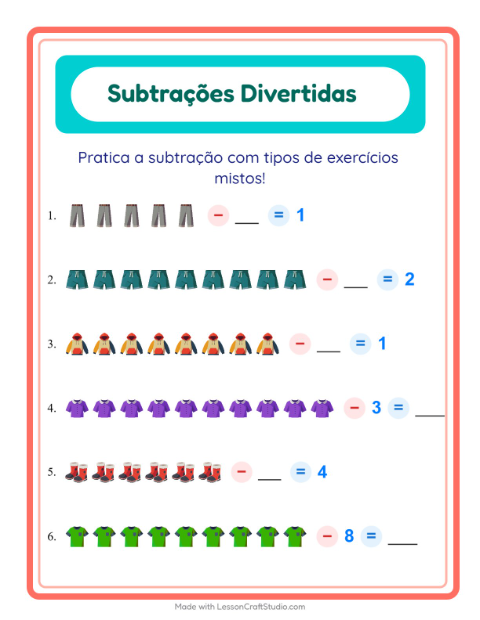 Pré-visualização da ficha de Subtração com Roupas para Educação infantil (pré-escola, 5-7 anos)