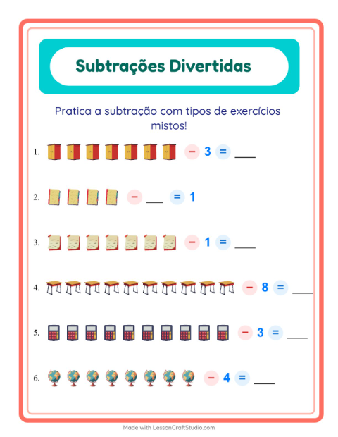 Pré-visualização da ficha de Subtração com Sala de aula para Educação infantil (pré-escola, 5-7 anos)
