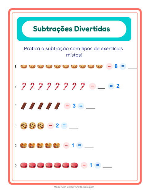 Pré-visualização da ficha de Subtração com Sobremesas e doces para Educação infantil (pré-escola, 5-7 anos)