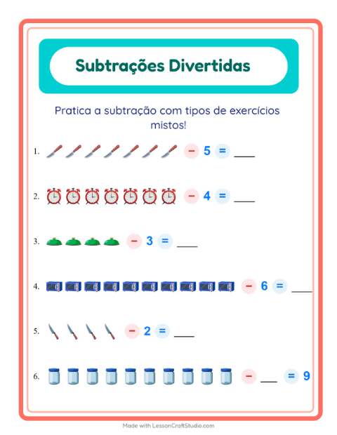 Pré-visualização da ficha de Subtração com Utensílios de cozinha para Educação infantil (pré-escola, 5-7 anos)