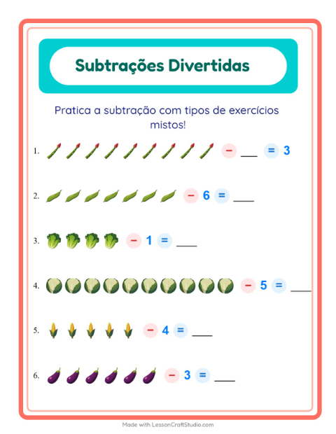 Pré-visualização da ficha de Subtração com Vegetais para Educação infantil (pré-escola, 5-7 anos)