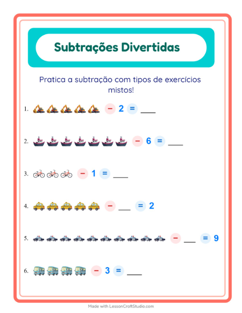 Pré-visualização da ficha de Subtração com Veículos para Educação infantil (pré-escola, 5-7 anos)