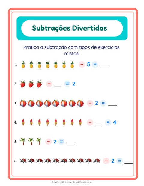 Pré-visualização da ficha de Subtração com Verão para Educação infantil (pré-escola, 5-7 anos)