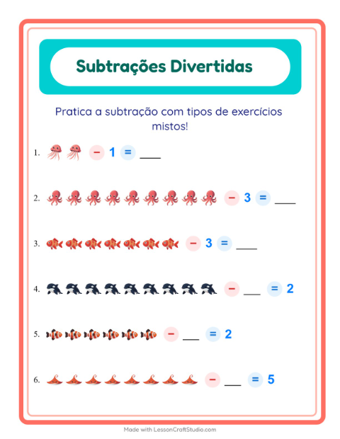 Pré-visualização da ficha de Subtração com Vida marinha para Educação infantil (pré-escola, 5-7 anos)
