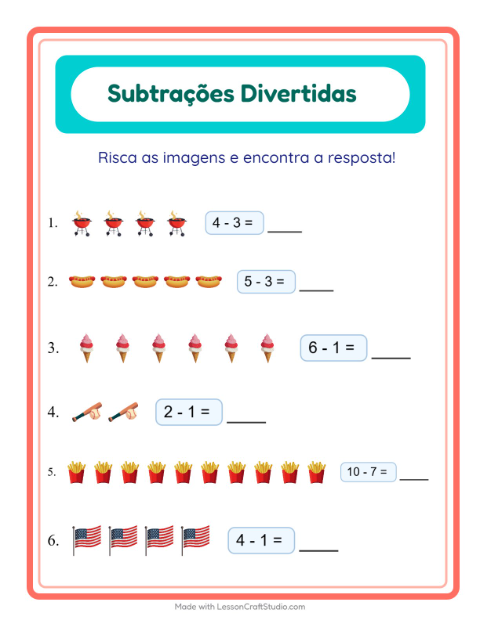 Pré-visualização da ficha de Subtração com 4 de Julho para Educação infantil (pré-escola, 5-7 anos)