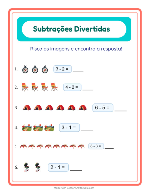 Pré-visualização da ficha de Subtração com Acampamento para Educação infantil (pré-escola, 5-7 anos)