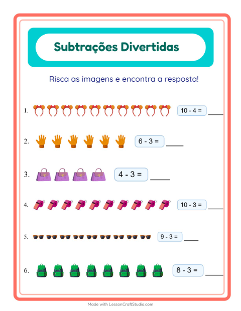 Pré-visualização da ficha de Subtração com Acessórios para Educação infantil (pré-escola, 5-7 anos)