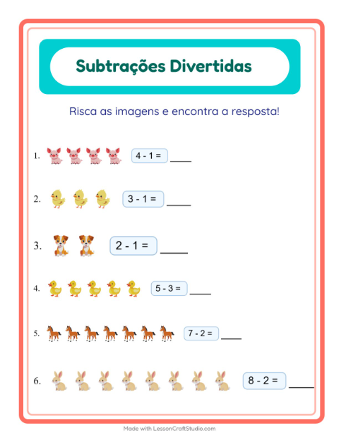 Pré-visualização da ficha de Subtração com Animais da fazenda para Educação infantil (pré-escola, 5-7 anos)