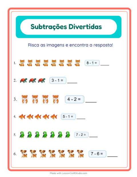 Pré-visualização da ficha de Subtração com Animais de estimação para Educação infantil (pré-escola, 5-7 anos)