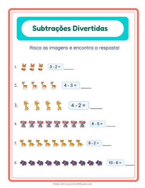 Pré-visualização da ficha de Subtração com Animais do zoológico para Educação infantil (pré-escola, 5-7 anos)