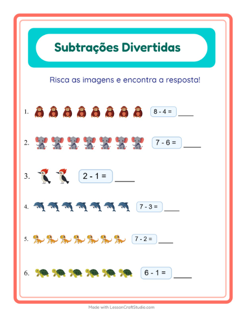 Pré-visualização da ficha de Subtração com Animais para Educação infantil (pré-escola, 5-7 anos)