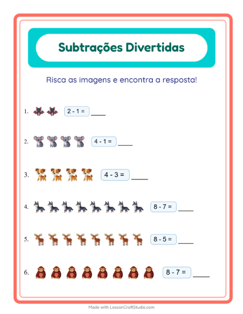 Prévia: Subtração até 20: risque e conte com Animais – atividade para o 1º ano