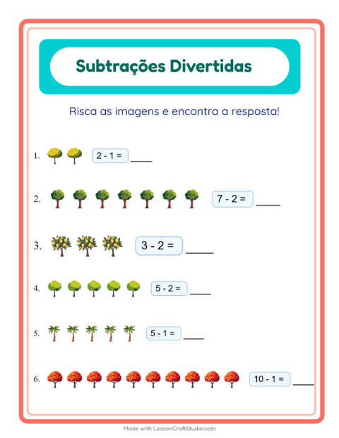 Pré-visualização da ficha de Subtração com Árvores para Educação infantil (pré-escola, 5-7 anos)