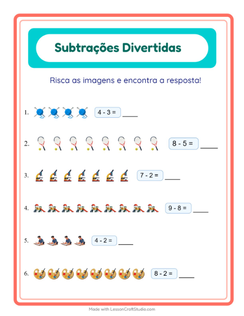 Pré-visualização da ficha de Subtração com Atividades para Educação infantil (pré-escola, 5-7 anos)