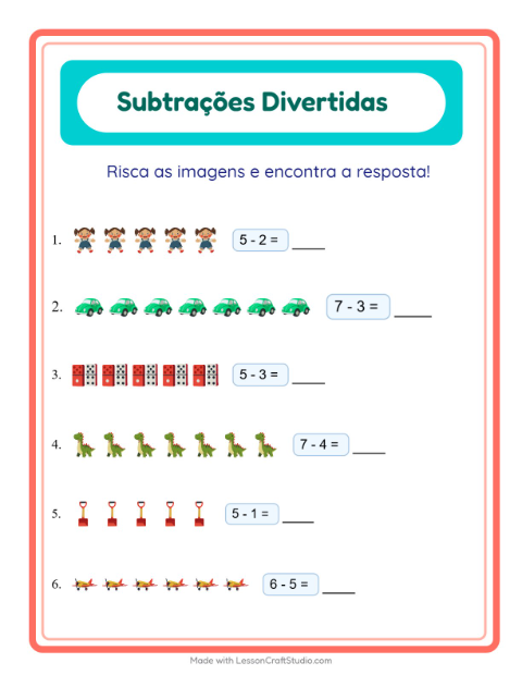 Pré-visualização da ficha de Subtração com Brinquedos para Educação infantil (pré-escola, 5-7 anos)