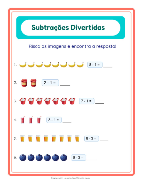 Pré-visualização da ficha de Subtração com Café da manhã para Educação infantil (pré-escola, 5-7 anos)
