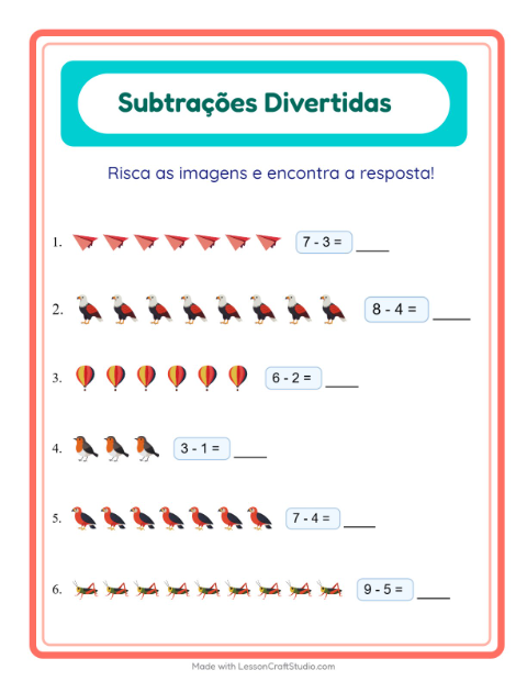 Pré-visualização da ficha de Subtração com Coisas que voam para Educação infantil (pré-escola, 5-7 anos)