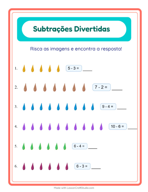 Pré-visualização da ficha de Subtração com Cores para Educação infantil (pré-escola, 5-7 anos)