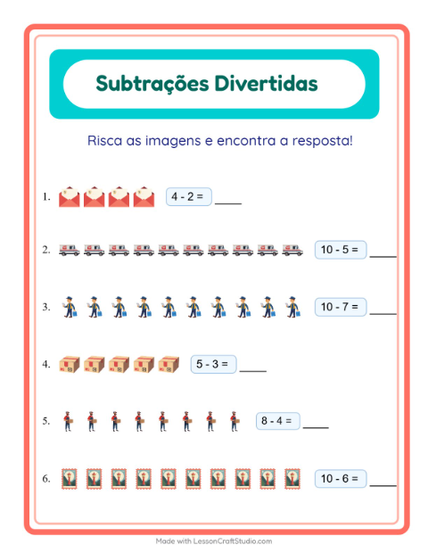 Pré-visualização da ficha de Subtração com Correios para Educação infantil (pré-escola, 5-7 anos)