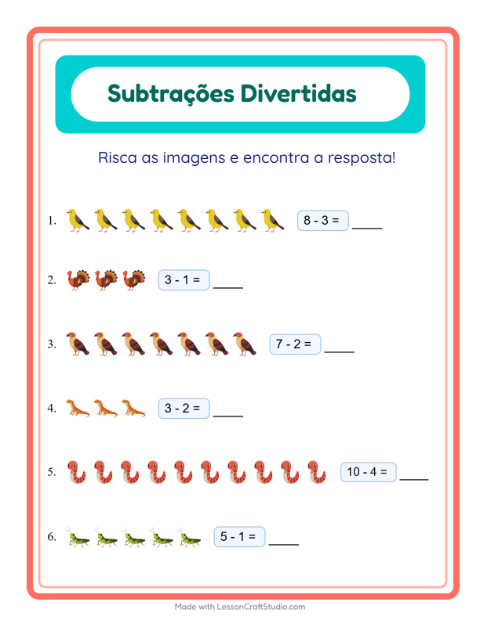 Pré-visualização da ficha de Subtração com Criaturas da floresta para Educação infantil (pré-escola, 5-7 anos)