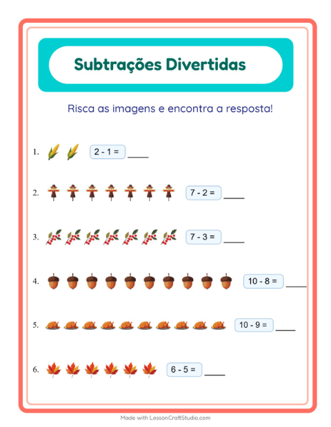 Pré-visualização da ficha de Subtração com Dia de Ação de Graças para Educação infantil (pré-escola, 5-7 anos)