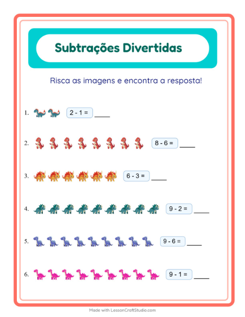 Pré-visualização da ficha de Subtração com Dinossauros para Educação infantil (pré-escola, 5-7 anos)