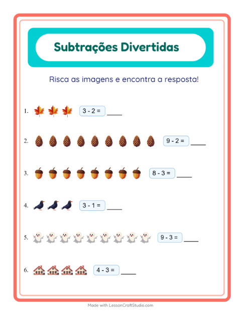 Pré-visualização da ficha de Subtração com Diversos para Educação infantil (pré-escola, 5-7 anos)