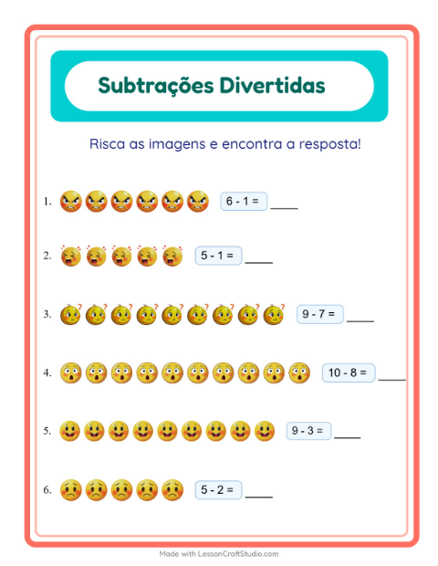 Pré-visualização da ficha de Subtração com Emoções para Educação infantil (pré-escola, 5-7 anos)
