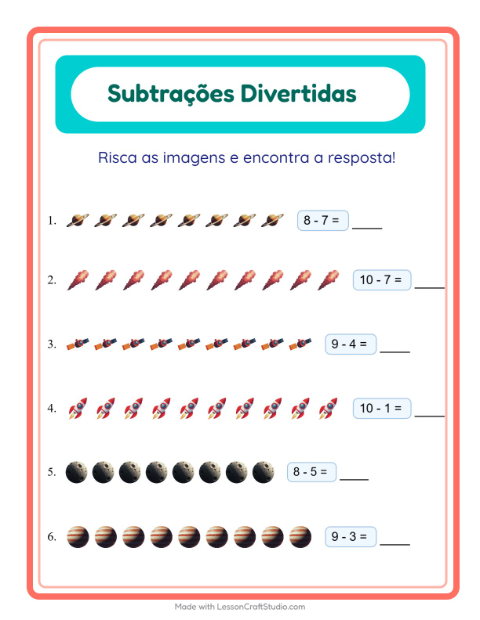 Pré-visualização da ficha de Subtração com Espaço para Educação infantil (pré-escola, 5-7 anos)